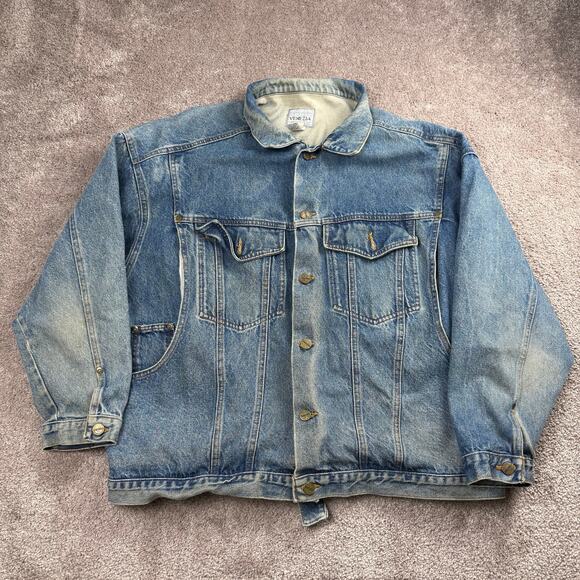 Vtg Venezia Distressed Denim Jacket Adjustable Back Belt Size 18/20 Streetwear - Picture 1 of 7